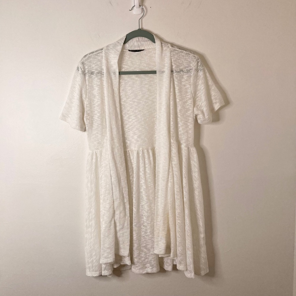 Cottagecore Pointelle Babydoll Open Cardigan White Shop Basic USA Short Sleeve S